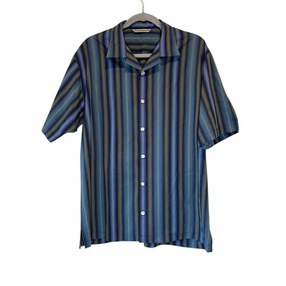 Tommy Bahama Striped 100% Silk Button Up Short Sleeve Shirt Size Medium